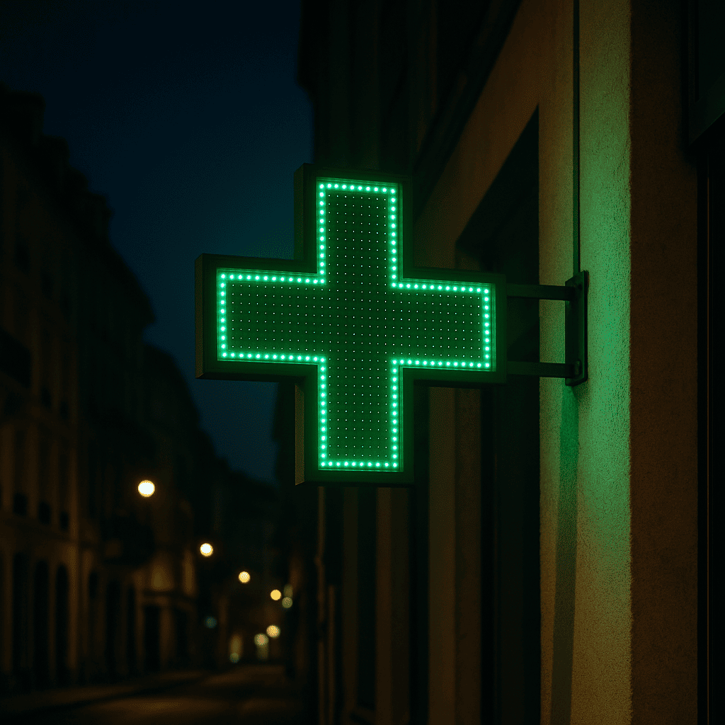 Cruz verde luminosa de farmacia, caso real de ahorro eléctrico con tarifa 3.0TD de Go Energía