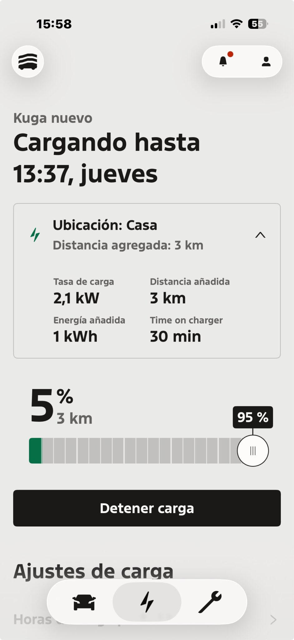 Pantalla de carga de la app de Ford con el Kuga cargando a 2,1 kW