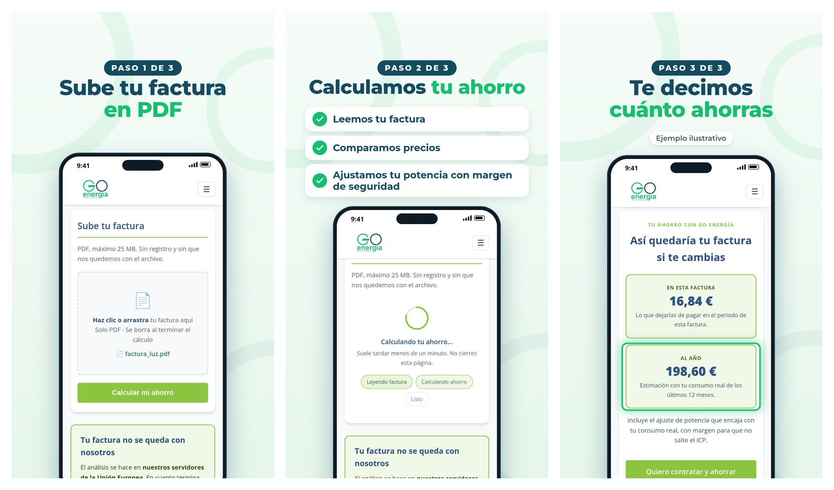 Nuevo comparador de facturas de luz con IA Los tres pasos del Comparador IA: subir la factura, calcular el ahorro y ver el resultado