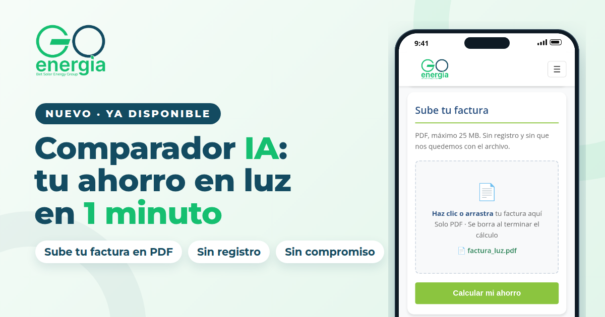 Nuevo comparador de facturas de luz con IA Comparador IA de GO! Energía: tu ahorro en luz en 1 minuto