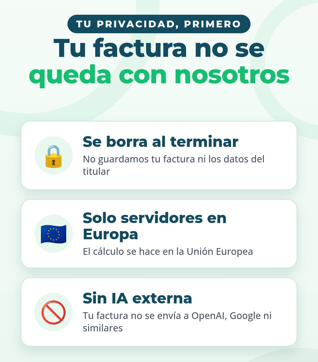 Nuevo comparador de facturas de luz con IA Privacidad del Comparador IA: datos borrados al terminar, servidores en Europa y sin IA externa